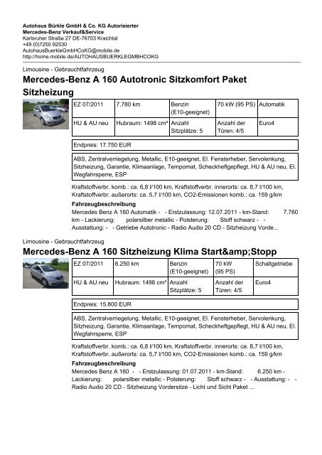 Mercedes-Benz A 160 Autotronic Sitzkomfort Paket Sitzheizung ...