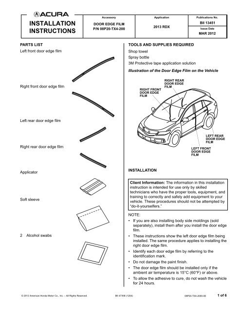 INSTALLATION INSTRUCTIONS - Bernardi Acura Parts & Accessories