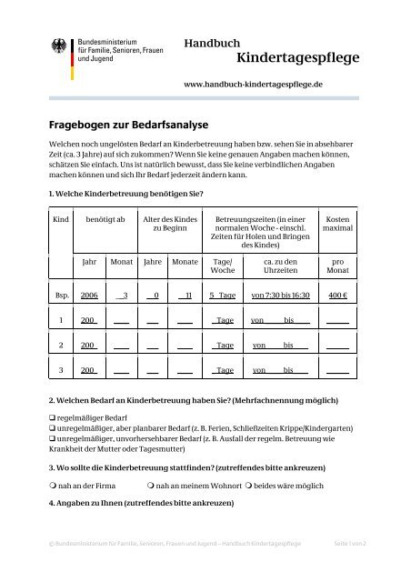 Fragebogen Bedarfsanalyse - Handbuch Kindertagespflege