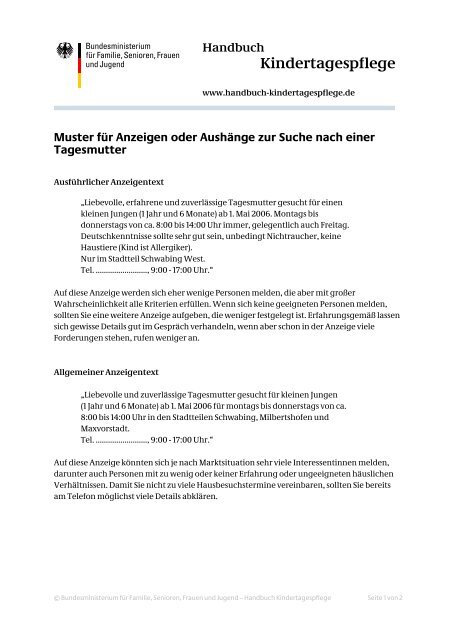 Download Muster Fur Anzeige Handbuch Kindertagespflege