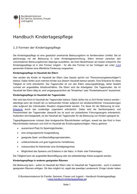 Handbuch Kindertagespflege: Formen der Kindertagespflege