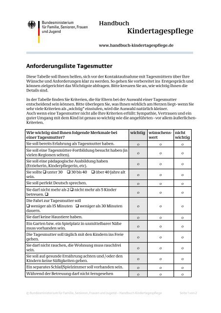 Anforderungsliste Tagesmutter - Handbuch Kindertagespflege