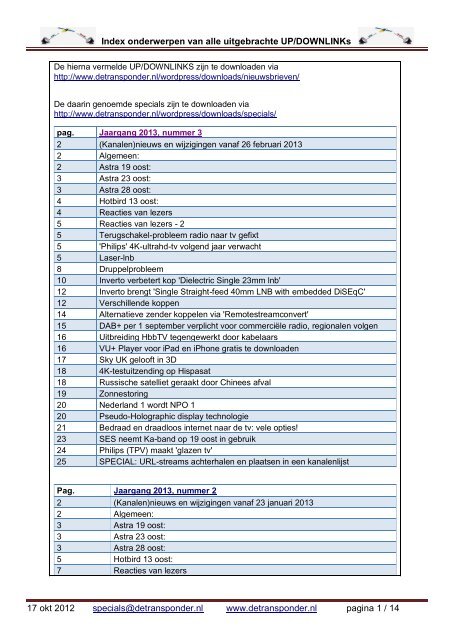 Index onderwerpen van alle uitgebrachte UP ... - De Transponder