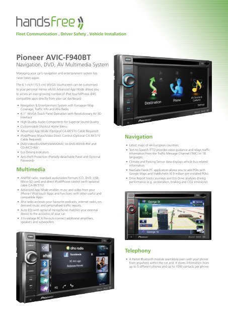 Pioneer AVIC-F940BT specification sheet - Handsfree - Us.com