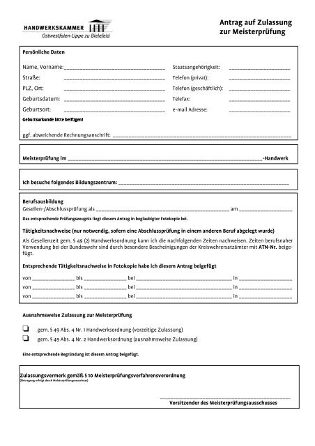 Antrag auf Zulassung zur Meisterprüfung
