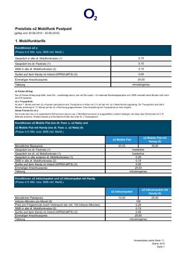 Preisliste Postpaid-Tarife Privatkunden O2 ... - HandyKostNix.de