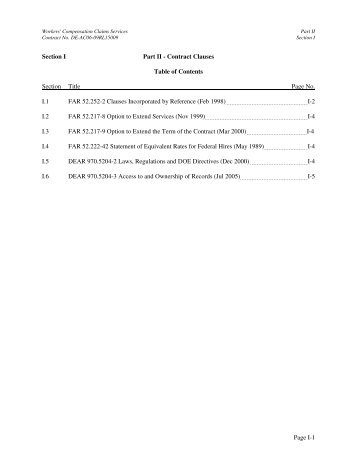 Page I-1 Section I Part II - Contract Clauses Table of Contents ...