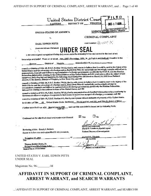 Affidavit In Support Of Criminal Complaint Arrest Hanford Site