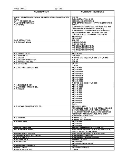 Contractor/Subcontractor listing dated December 18 ... - Hanford Site