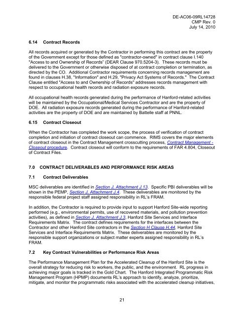 PRC Contract Management Plan - Hanford Site