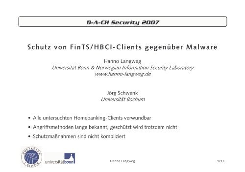 Schutz von FinTS/HBCI-Clients gegenüber Malware - Hanno Langweg