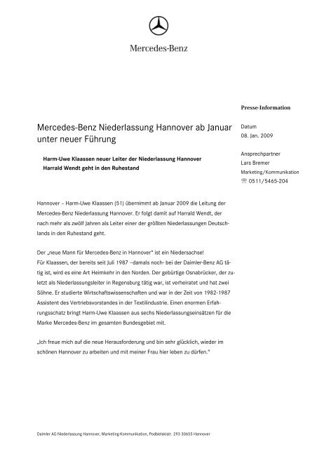 Mercedes Benz Niederlassung Hannover Ab Januar Unter Neuer