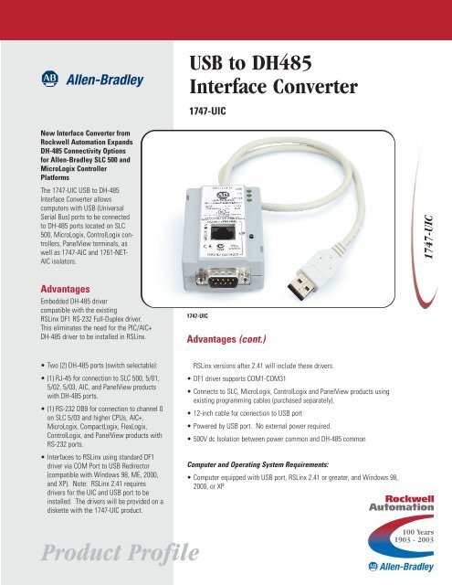 New 1747-UIC USB to DH485 Interface Converter
