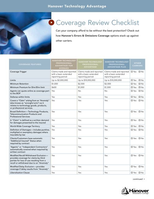 Coverage Review Checklist The Hanover Insurance Company