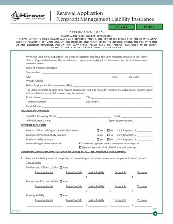 Non-profit Manangement Liability Renewal Application