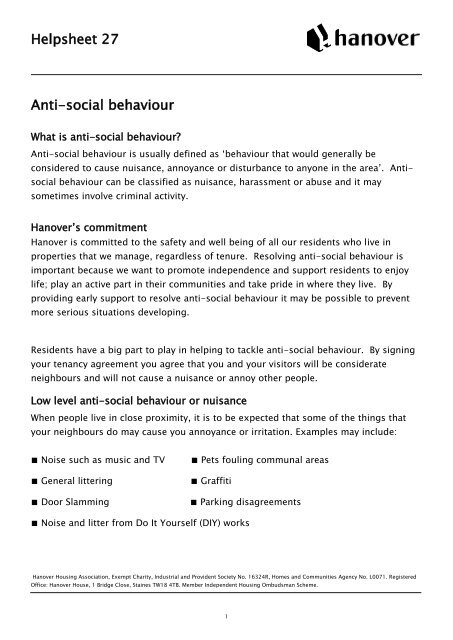 Helpsheet 27 Anti-social behaviour - Hanover
