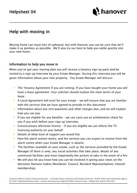 Helpsheet 04 Help with moving in - Hanover