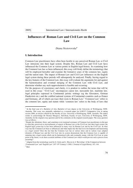 Influences of Roman Law and Civil Law on the Common Law
