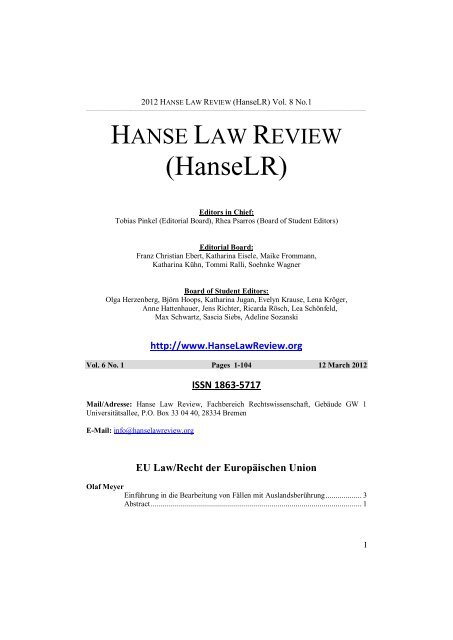 Hanse Law Review Vol. 8 No. 1 - Inhalt