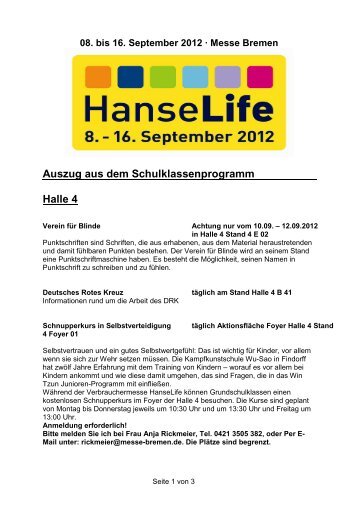 Auszug aus dem Schulklassenprogramm Halle 4 - HanseLife
