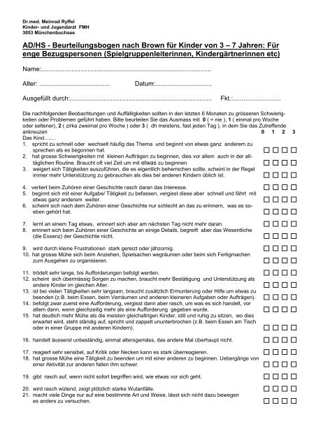 Disyps-iii Fbb-adhs Beurteilungsbogen Pdf AD/HS - Beurteilungsbogen nach Brown für Kinder von 3 – 7 Jahren