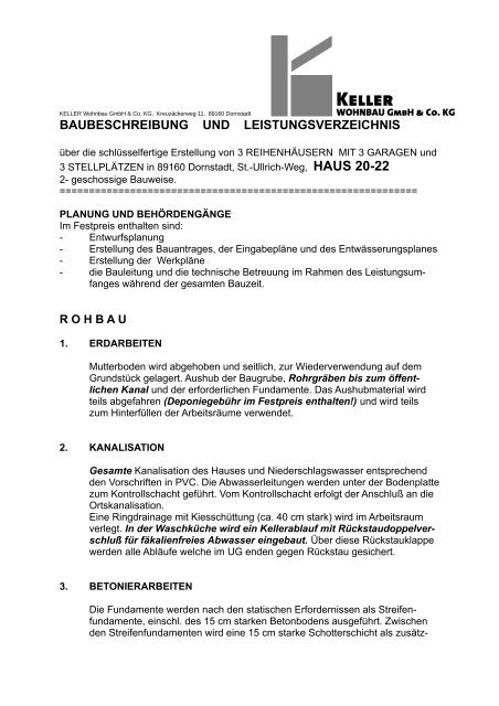 Baubeschreibung - Hans Keller Bauunternehmung GmbH, Bollingen