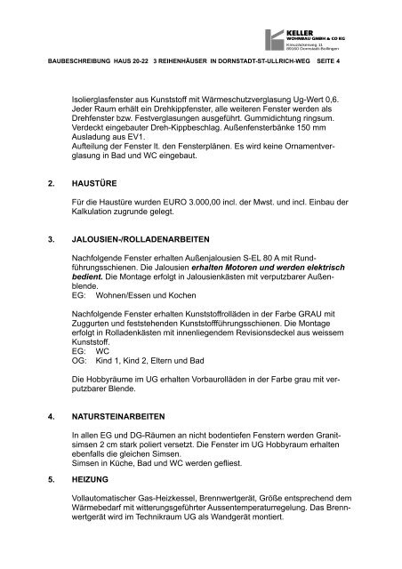 Baubeschreibung - Hans Keller Bauunternehmung GmbH, Bollingen