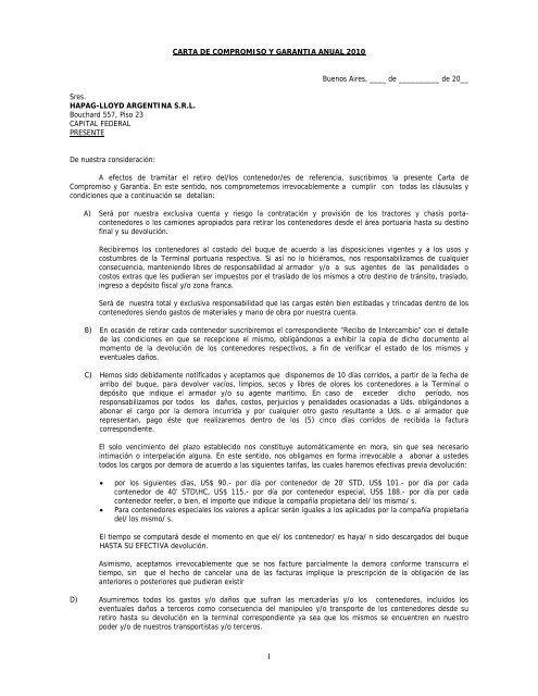 CARTA DE COMPROMISO Y GARANTIA ANUAL ... - Hapag-Lloyd