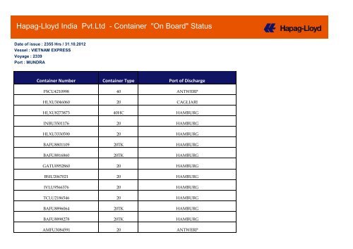 Hapag-Lloyd India Pvt.Ltd - Container "On Board" Status