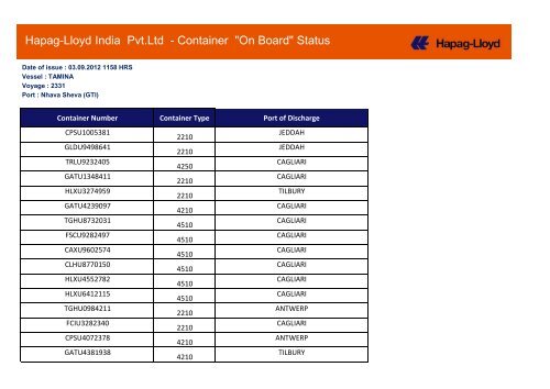 Hapag-Lloyd India Pvt.Ltd - Container "On Board" Status