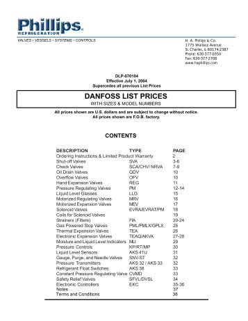 DANFOSS LIST PRICES - H. A. Phillips & Co.