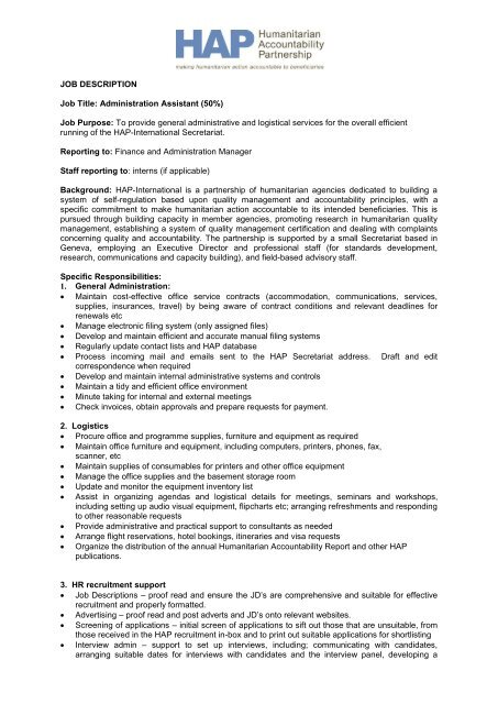 JOB DESCRIPTION Job Title: Administration ... - HAP International