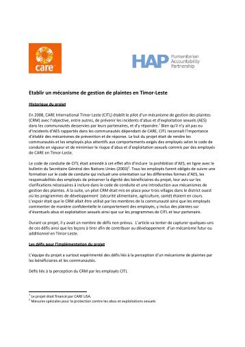 Etablir un mécanisme de gestion de plaintes en ... - HAP International