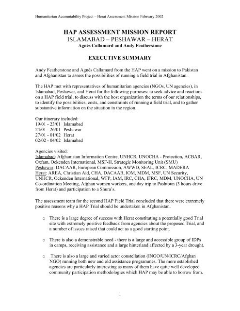 HAP Afghanistan Field Trial - Assessment Report - HAP International