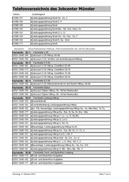 Telefonverzeichnis des Jobcenter Münster