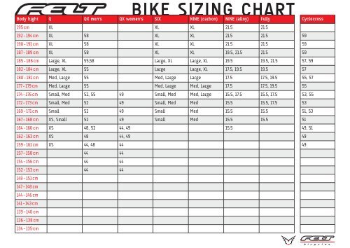 Cyclocross Frame Size Chart