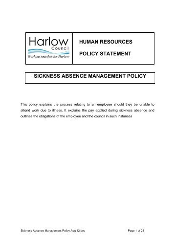 Sickness Absence Management Policy - Harlow Council