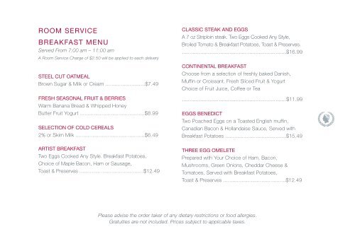 ROOM SERVICE BREAKFAST MENU - Caesars Windsor