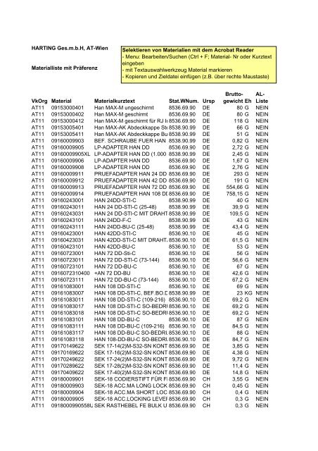 AT11 Materialliste mit Praeferenz LE 2007