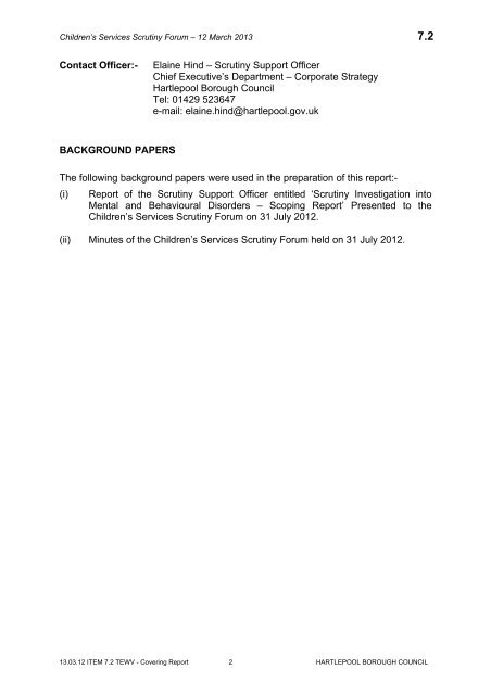 children's services scrutiny forum agenda - Hartlepool Borough ...