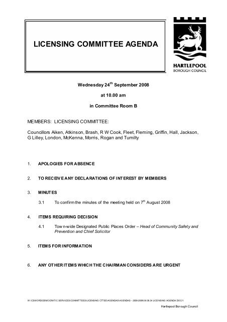 LICENSING COMMITTEE AGENDA - Hartlepool Borough Council