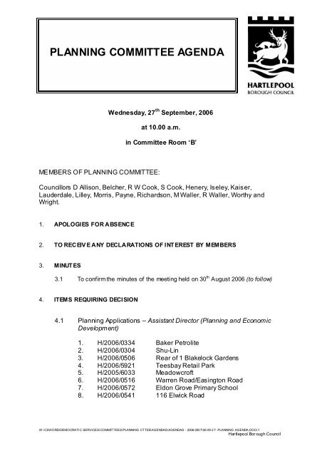 PLANNING COMMITTEE AGENDA - Hartlepool Borough Council