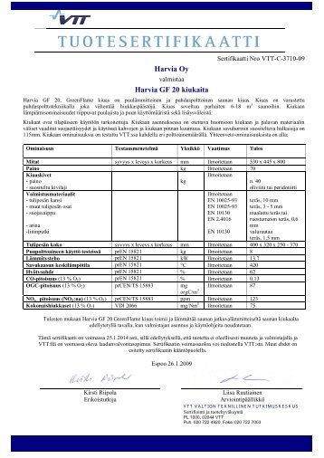 Sertifikaatti Nro VTT-C-3710-09 - Harvia