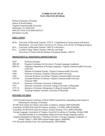 CURRICULUM VITAE PAUL FRANCIS DVORAK Professor Emeritus ...