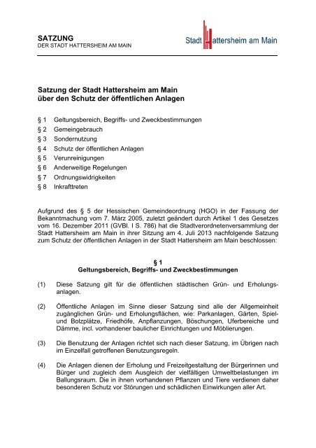 SATZUNG Satzung der Stadt Hattersheim am Main über den Schutz ...