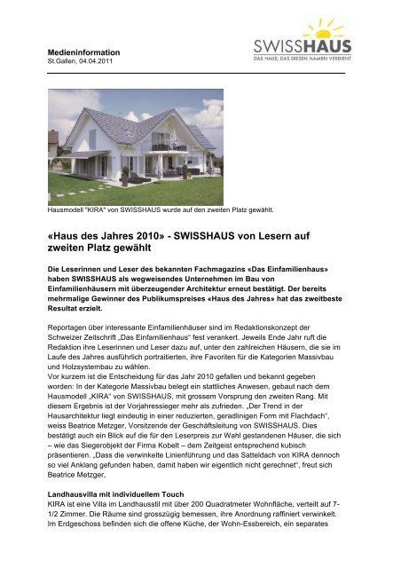 Medienmitteilung (PDF) - SWISSHAUS AG