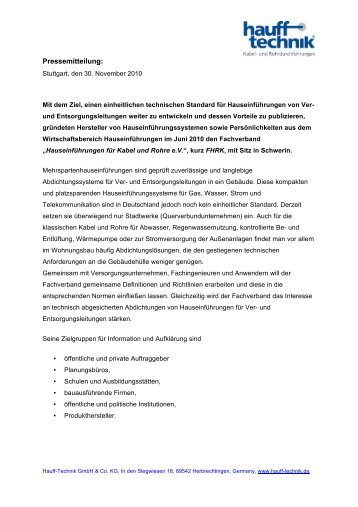 Pressemitteilung Gründung FHRK - hauff technik