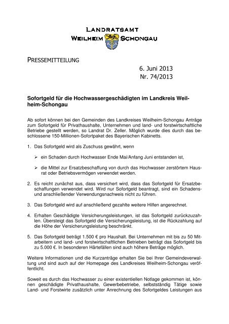 Sofortgeld für die Hochwassergeschädigten im Landkreis Weilheim ...