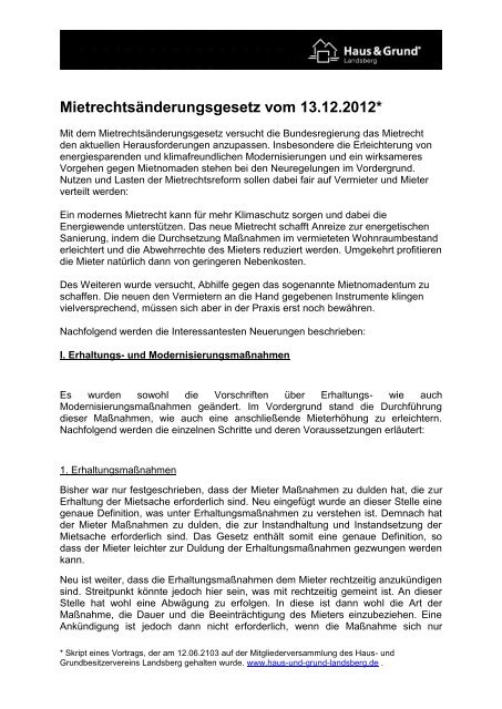 Mietrechtsreform 2013 (RA Christian Geppert) - Haus & Grund ...