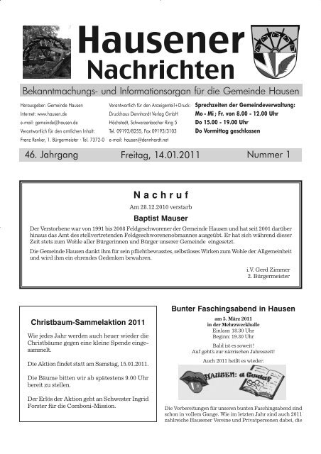 Nachruf Freitag, 14.01.2011 46. Jahrgang Nummer 1 - Hausen